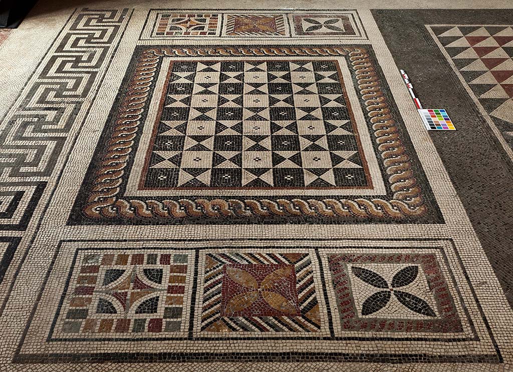 No.1 - The provenance for this mosaic is uncertain.
After its discovery in the eighteenth century, it was lifted and sent to the Royal Palace at Portici.
However, it is possible that it was from a room at the Villa of the Papyri.
Photographed at Reggia di Portici, October 2013. Mosaic pavements in Royal Apartments.
Photo courtesy of Frédérique Marchand-Beaulieu and Helen Dessales.
©Villa Diomedes Project, Image database, http://villadiomede.huma-num.fr/bdd/images/5283
See Papaccio, V. The floors of the Villa dei Papiri. (p.56-63, of Buried by Vesuvius, the Villa dei Papiri at Herculaneum, edited by Kenneth Lapatin).